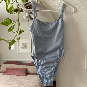 Metallic blue scoop back one-piece swimsuit